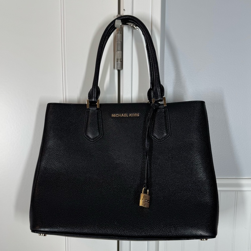 Michael Kors Adele Black Pebbled Safiano Leather Satchel Handbag Purse